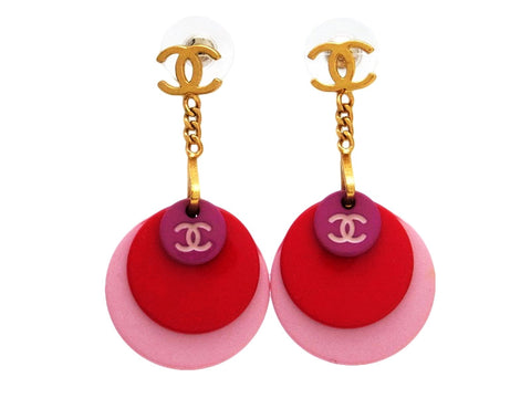 Vintage Chanel stud earrings CC logo pink charms dangle