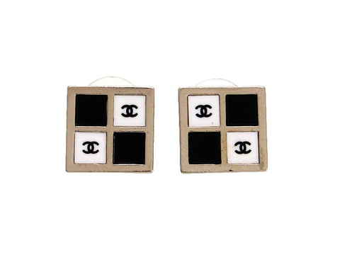 Vintage Chanel stud earrings CC logo black white square