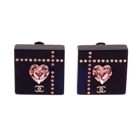 Authentic vintage Chanel earrings CC logo heart rhinestone black square