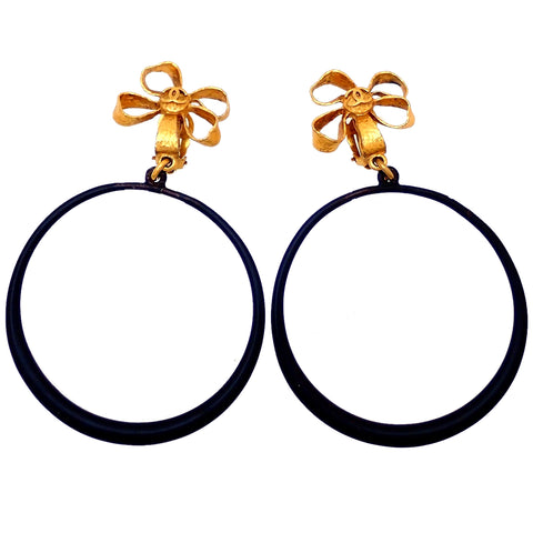 Authentic vintage Chanel earrings CC logo flower black hoop dangle