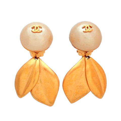 Authentic vintage Chanel earrings CC logo faux pearl leaves dangle