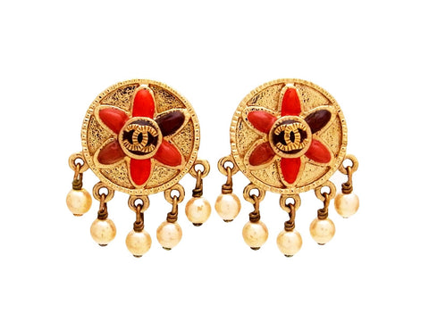 Vintage Chanel earrings CC logo pearls dangle
