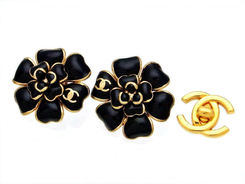 Vintage Chanel earrings black camellia flower CC logo
