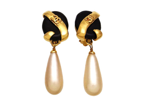 Vintage Chanel earrings CC logo black stone pearl dangle