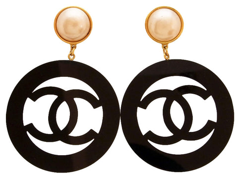 Vintage Chanel earrings pearl black CC hoop dangle super rare