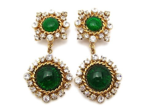 Authentic vintage Chanel earrings green glass stone rhinestone dangle