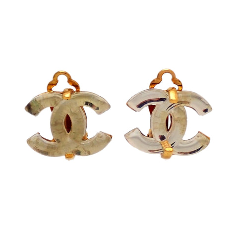 Authentic Vintage Chanel earrings glass CC logo clear white