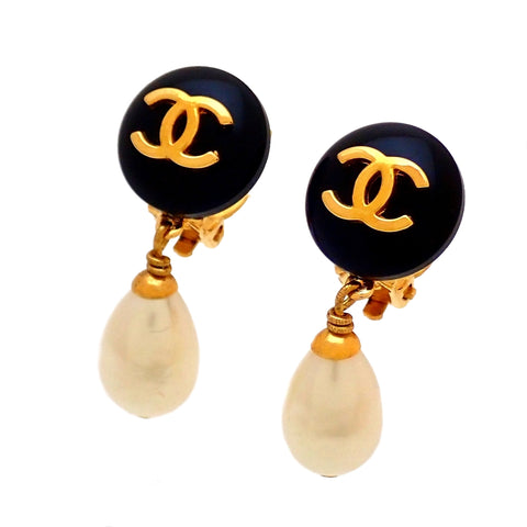 Authentic Vintage Chanel earrings CC logo black round faux pearl dangle