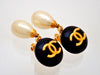 Authentic Vintage Chanel earrings CC logo black round faux pearl dangle