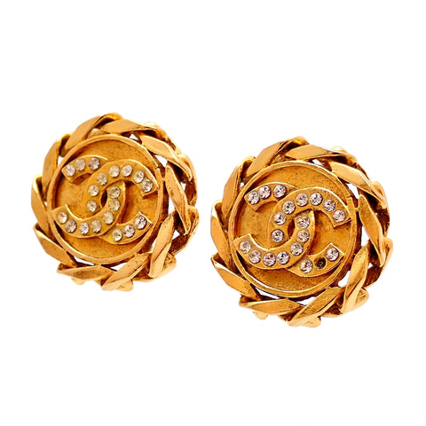 Authentic Vintage Chanel earrings CC logo rhinestone chain round