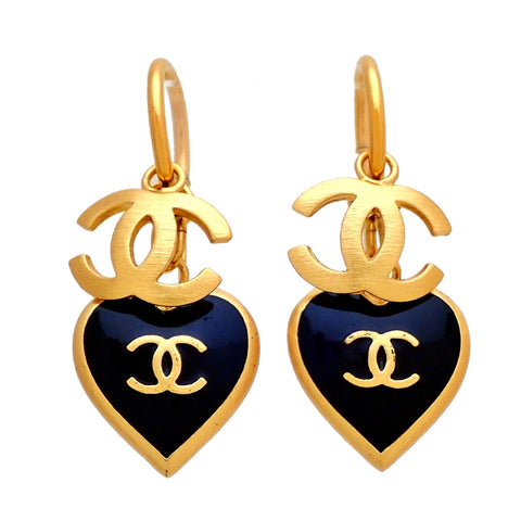 Auth vintage Chanel stud pierced earrings CC logo black heart 02P
