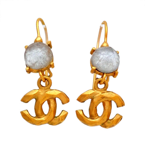 Auth vintage Chanel stud pierced earrings white stone CC logo dangle 99P