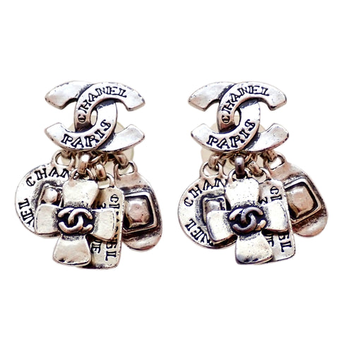 Auth vintage Chanel stud pierced earrings CC logo cross plate dangle 99A