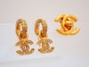 Auth vintage Chanel stud pierced earrings CC logo rhinestone dangle 01P