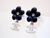 Auth vintage Chanel stud pierced earrings black flower CC logo dangle