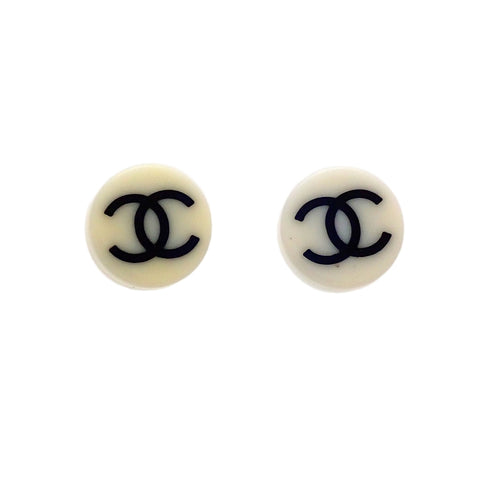 Auth vintage Chanel stud pierced earrings black CC logo white round