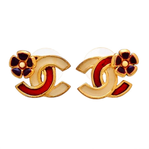Auth vintage Chanel stud pierced earrings red white CC logo flower