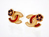 Auth vintage Chanel stud pierced earrings red white CC logo flower