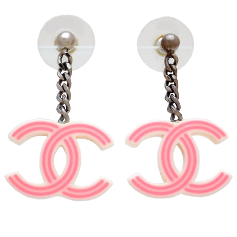 Auth vintage Chanel stud pierced earrings pink CC logo dangle plastic
