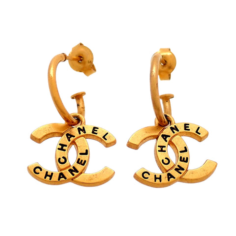 Auth vintage Chanel stud pierced earrings CC logo letter dangle