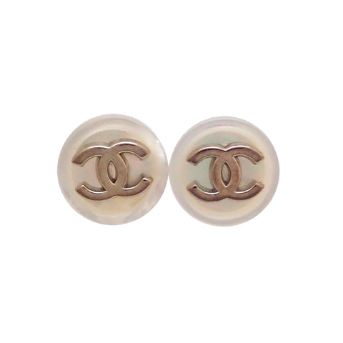 Auth vintage Chanel stud pierced earrings CC logo white button round