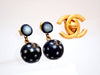 Auth vintage Chanel stud pierced earrings CC logo black ball dangle