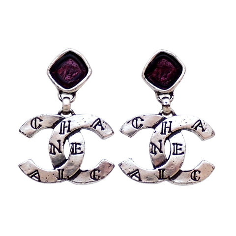 Auth vintage Chanel stud pierced earrings purple stone CC logo dangle