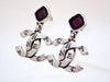 Auth vintage Chanel stud pierced earrings purple stone CC logo dangle