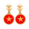 Auth vintage Chanel stud pierced earrings CC logo star red round dangle