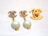 Auth vintage Chanel stud pierced earrings rhinestone CC logo pearl dangle