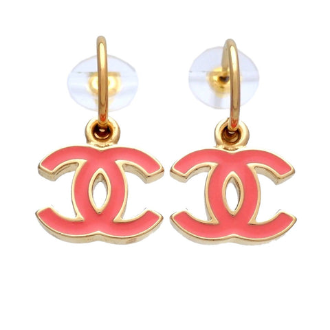 Auth Vintage Chanel stud earrings CC logo double C pink dangle