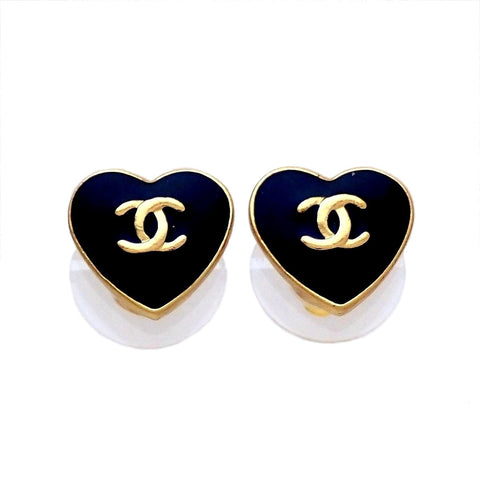 Auth Vintage Chanel stud earrings CC logo small black heart