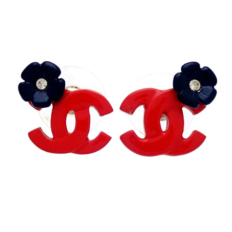 Auth Vintage Chanel stud earrings CC logo double C black flower red