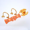 Auth Vintage Chanel stud earrings CC logo ribbon rhinestone pink dangle