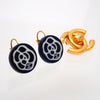 Auth Vintage Chanel stud earrings CC logo camellia black dangle