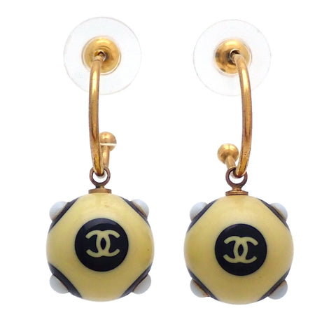 Auth Vintage Chanel stud earrings CC logo ball beige dangle