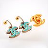 Auth Vintage Chanel stud earrings CC logo double C green dangle