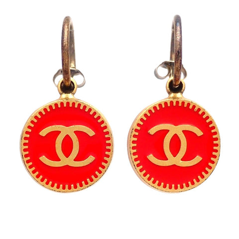 Auth Vintage Chanel stud earrings CC logo red dangle