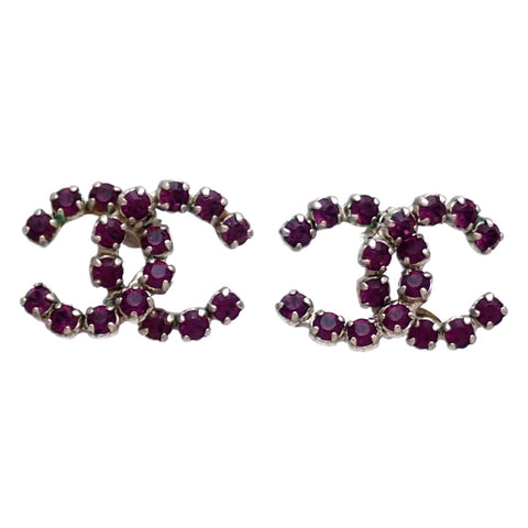 Auth Vintage Chanel stud earrings CC logo purple rhinestone silver