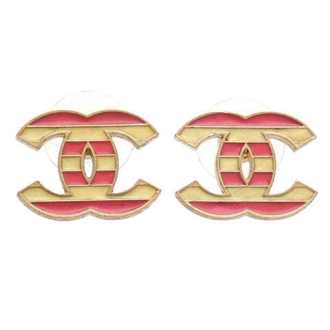 Auth Vintage Chanel stud earrings CC logo double C stripe pink