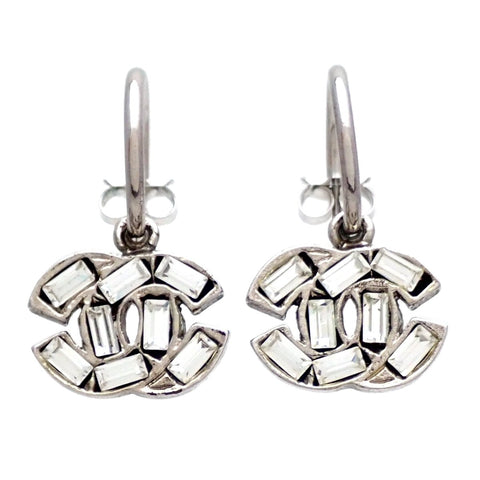Auth Vintage Chanel stud earrings CC logo rhinestone silver dangle