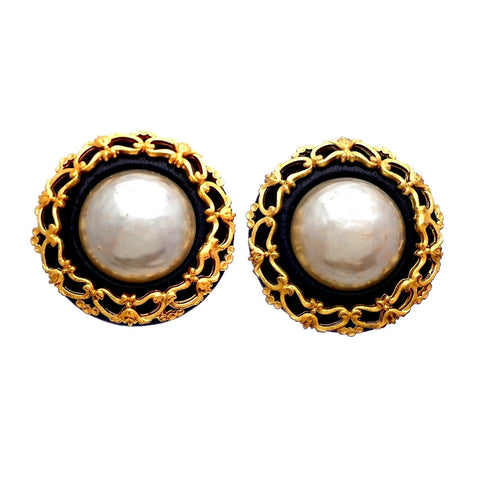 Authentic Vintage Chanel earrings CC logo faux pearl leather black round
