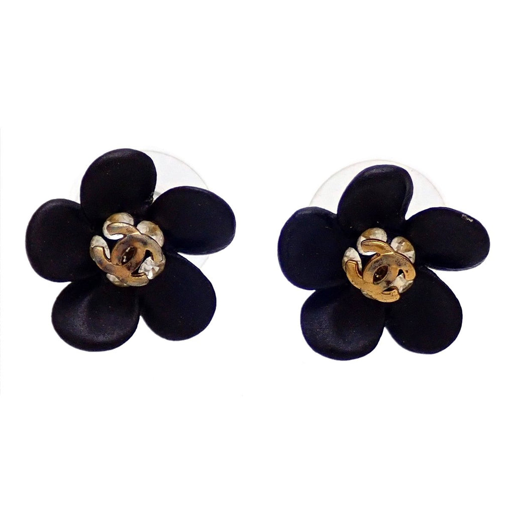 Auth Vintage Chanel stud earrings CC logo rhinestone black flower