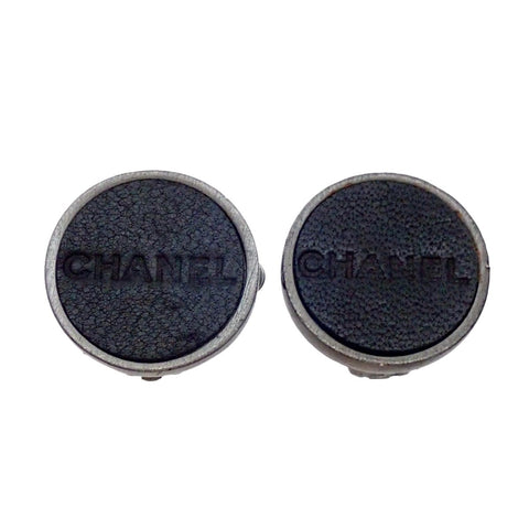 Authentic Vintage Chanel clip on earrings leather letter logo black round