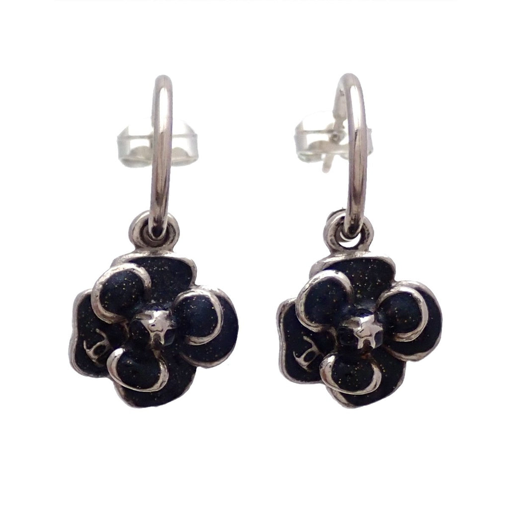 Auth Vintage Chanel stud earrings CC logo camellia flower black dangle