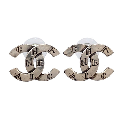 Auth Vintage Chanel stud earrings CC logo double C letter silver