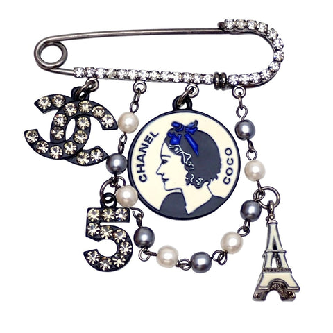 Authentic Vintage Chanel pin brooch CC logo No.5 COCO faux pearl dangle