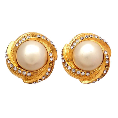 Authentic Vintage Chanel earrings CC logo faux pearl rhinestone round