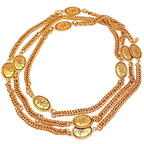 Authentic Vintage Chanel necklace chain CC logo oval medal super long