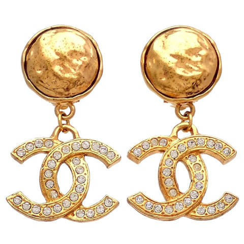 Authentic Vintage Chanel clip on earrings CC logo rhinestone dangle